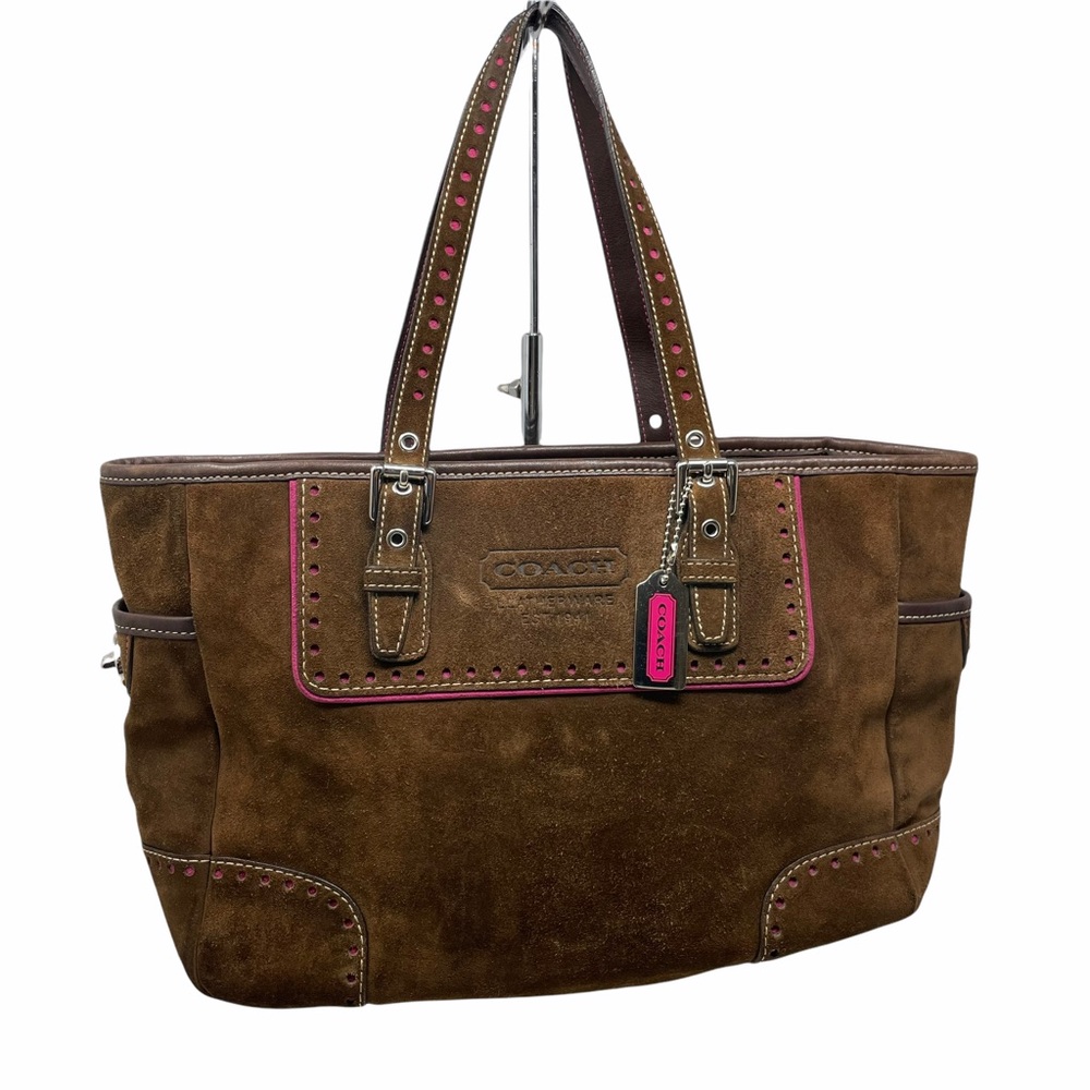 Coach Brown Suede Shoulder Tote with Pink Trim